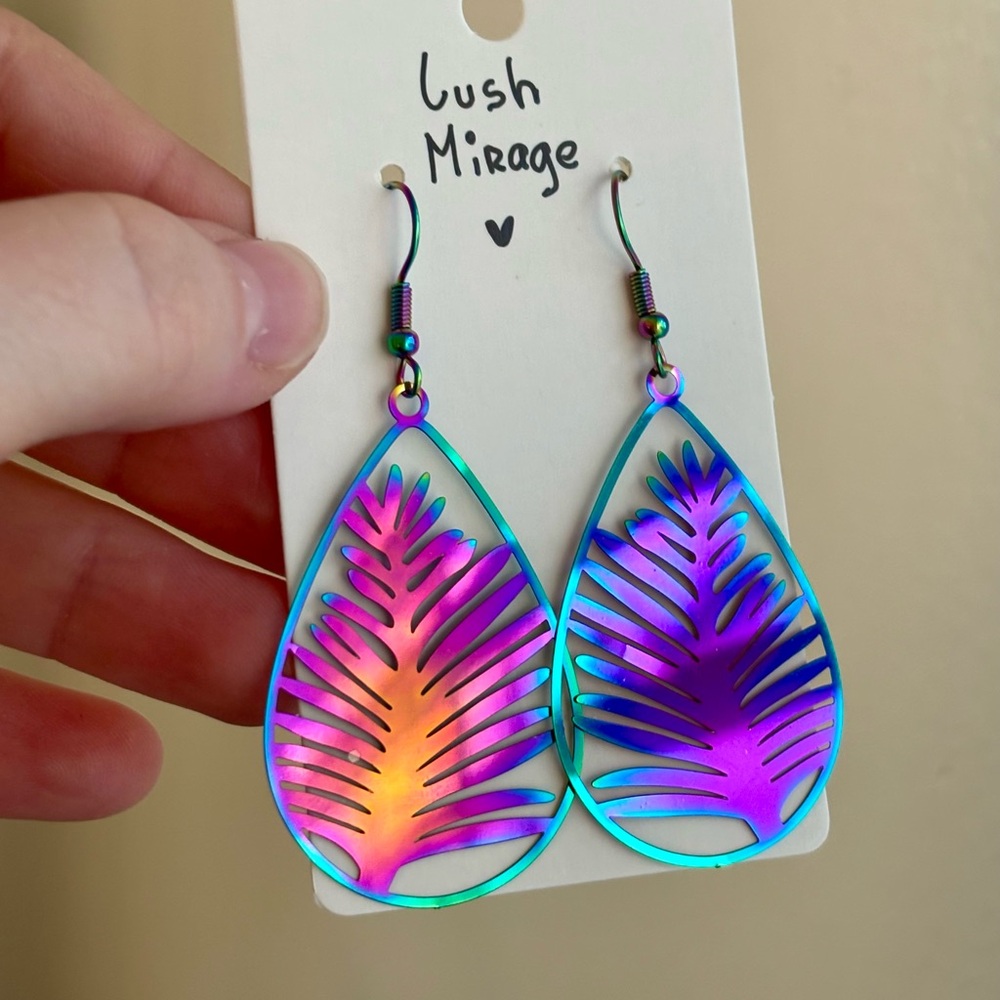 🌿 Lush Mirage Iridescent Leaf Earrings – Rainbow Teardrop Boho Festival Jewelry
